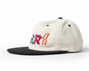 White cap with colorful text on a white background