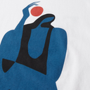 Abstract art piece with blue, black, and red shapes on a white background