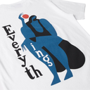 White t-shirt with blue and black graphic design and text on a white background
