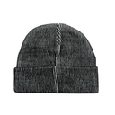 A black and white vertically striped knit beanie hat, shown from the front on a solid white background.