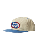 Beige and blue cap with a logo on a white background
