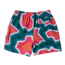 Colorful geometric patterned shorts on a white background
