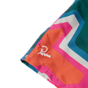 Colorful patterned fabric with a brand logo on a white background