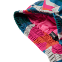 Colorful fabric with a brand label on a white background