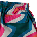 Colorful swim shorts with abstract pattern on a white background