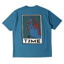 Blue t-shirt with a graphic design on the back featuring hands and the word 'TIME'.