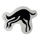 A black cat-shaped rug with a white base, featuring a minimalist black silhouette of a stretching cat on a clean white background.