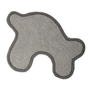 A gray felt pet toy or cushion with an irregular dog-like silhouette and a dark gray braided border, shown on a plain white background.