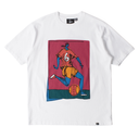 White t-shirt with colorful graphic of a basketball player on a white background