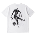 White t-shirt with black graphic of a basketball player and ball on the back