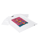 White t-shirt with a colorful graphic design on a white background
