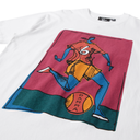 White t-shirt with colorful graphic design of a person playing basketball on a white background