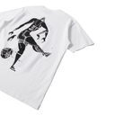White t-shirt with black graphic of a person playing soccer on a white background