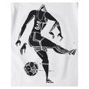 White t-shirt with black silhouette of a soccer player and ball design.