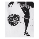 Black and white illustration of a soccer player kicking a ball with Parra logo on a white background