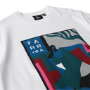 White t-shirt with colorful graphic design and 'PARR' branding on a white background