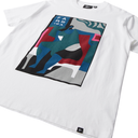 White t-shirt with colorful graphic design on a white background