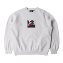 A light gray crewneck sweatshirt featuring a square graphic print on the center chest with a stylized red figure and dark blue background.