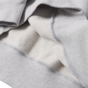 Close-up of a light gray ribbed knit fabric with a soft white fleece lining, showing the texture and stitching details.