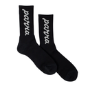 A pair of black crew socks with the brand name 'parva' knitted vertically in white on the calf, displayed against a solid white background.