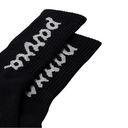Black ribbed crew socks with 'party' written across the top in a light gray gothic font, shown on a plain white background.
