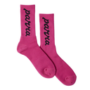 A pair of bright pink crew socks with the brand name 'parva' printed vertically in black script on the ribbed cuffs, displayed against a solid white background.