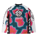 Colorful long-sleeve shirt with geometric pattern and 'párra' branding on a white background