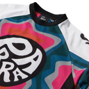 Colorful sports jersey with abstract patterns and brand logos on a white background