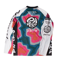 Colorful long-sleeve shirt with 'pörra' branding on a white background