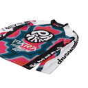 Colorful athletic shorts with a brand logo on a white background