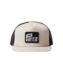 Beige trucker cap with black mesh and white logo on a white background
