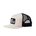 Beige and black cap with mesh back on a white background