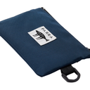 A navy blue zippered pouch with a white rectangular patch featuring the black PARRA logo and a fish graphic, shown on a light gray background.