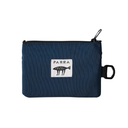A navy blue zippered pouch with a white square patch featuring the black text 'PARRA' and a black fish skeleton logo, shown on a plain white background.