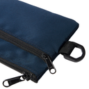 A close-up of a dark navy blue nylon pouch with black zippers and black plastic hardware, set against a plain white background.