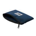 A navy blue zippered pouch with a black zipper and a white rectangular brand patch on the front, shown on a plain white background.