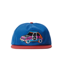 A blue snapback cap with a red flat brim, featuring a colorful embroidered patch of a car with 'PARRA' and 'Parrs' branding on the front.