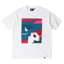 A white short-sleeve crewneck t-shirt featuring a colorful graphic print on the front. The graphic is a square abstract design with pink, blue, and teal shapes, including a white sailboat and a white building with the text 'GO ONE TWO'.