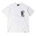 A white short-sleeve crewneck t-shirt featuring a black graphic print of a person performing a wheelie on a dirt bike on the left chest. The shirt is displayed flat against a clean white background.