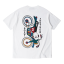 A white short-sleeve t-shirt shown flat against a white background, featuring a large graphic print on the back of a stylized bicycle with the text 'BOAT ANOTHER 207'.