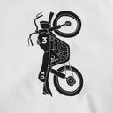 A close-up of a white fabric surface featuring a black graphic print of a motorcycle with stylized rider figure, the number 3, and the word 'Pera' on the side.