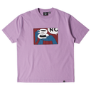 Purple t-shirt with graphic design of hands holding a coffee cup on a white background