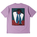 Purple t-shirt with a graphic design on the back featuring a person holding a tie with text.