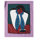 T-shirt with a graphic design of two blue forks holding a red heart with a question mark, on a purple background.