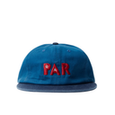 Blue cap with red text on a white background