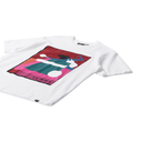 White t-shirt with colorful graphic design on a white background