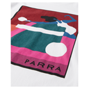 Colorful scarf with artistic design and 'PARRA' branding on a white background