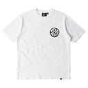 White t-shirt with a black logo on a white background