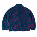 A long-sleeve quarter-zip fleece jacket shown from the back, featuring an all-over abstract camouflage pattern in dark teal and purple, laid flat on a light gray background.