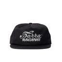 A black flat-brim baseball cap featuring a white embroidered 'Barra Racing Amsterdam' logo on the front, set against a plain white background.